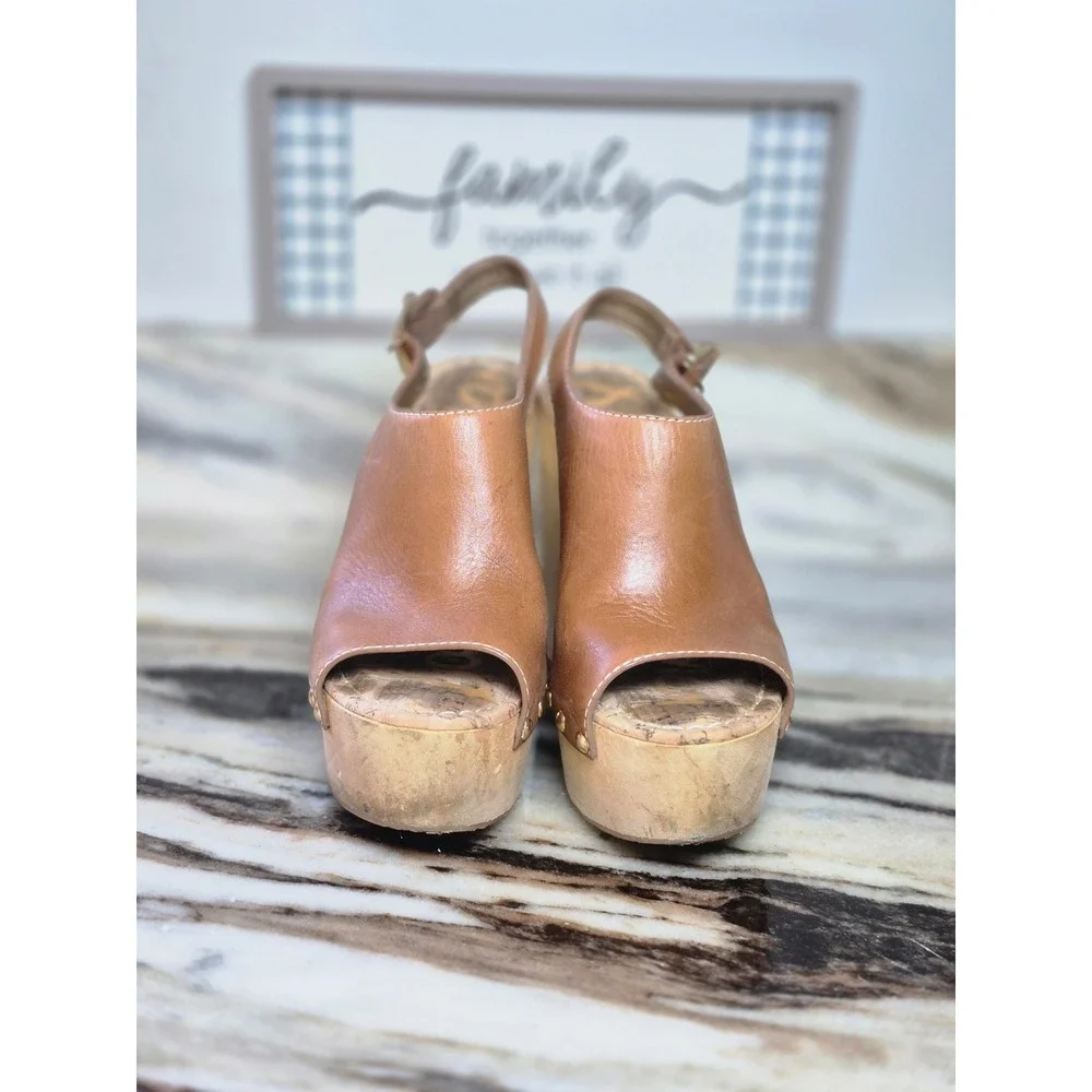 Sam Edelman Marley Tan Leather Wood Platform Studded Slingback Sandals 6.5M